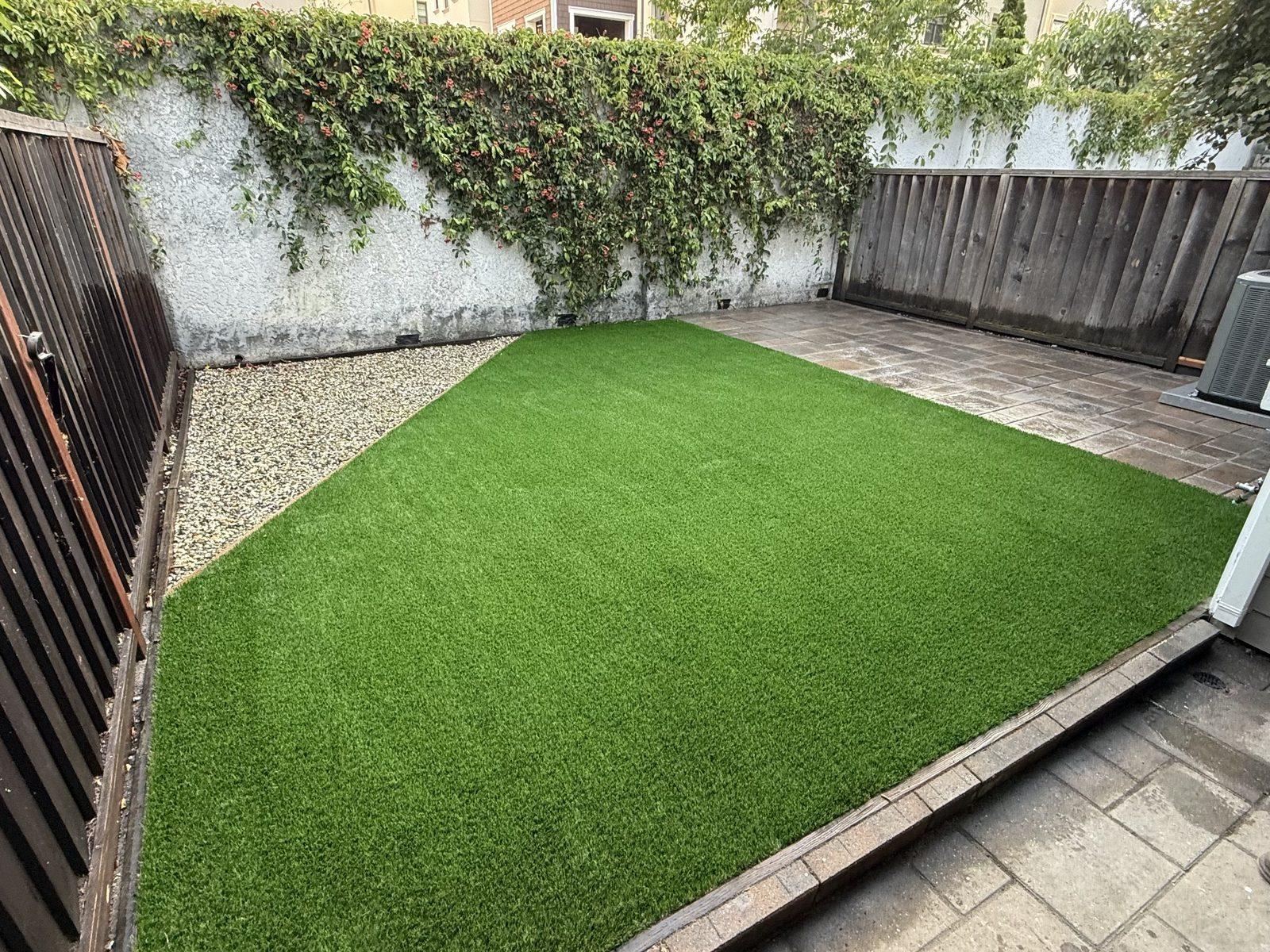 Finished artificial turf lawn in a backyard enclosed by an ivy-covered fence